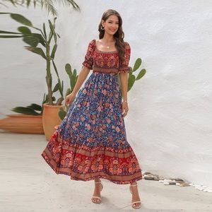Boho Beach Vacation Dress Off-shoulder Puff Sleeve Floral Midi Dress - Blue